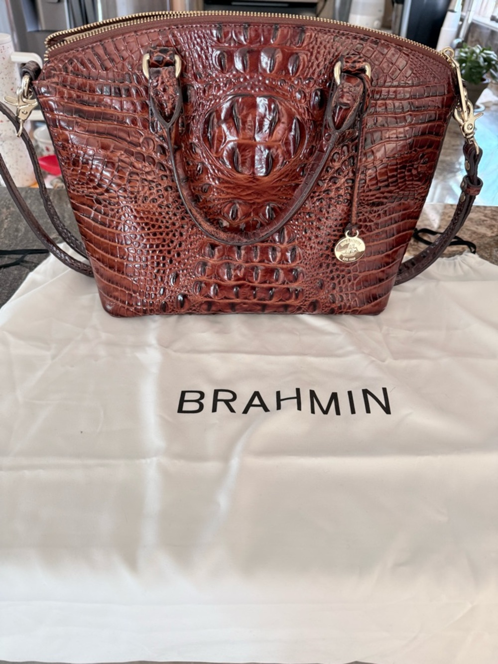 Brahmin Chestnut Croc-Embossed Satchel with Gold Hardware - Picture 1 of 7